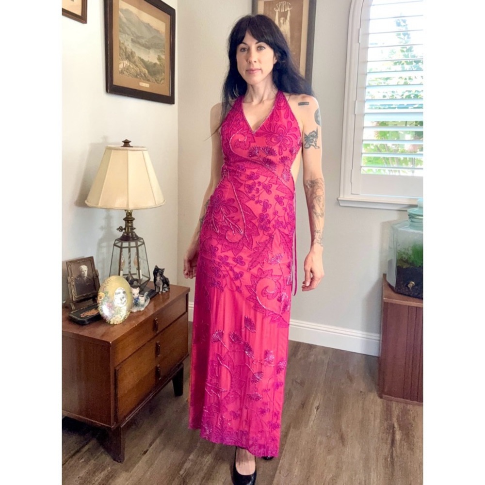 Cache pink silk beaded open back dress